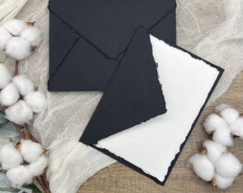 Invitaciones de boda en papel de algodón negro (hechas a mano, con borde desbarbado)