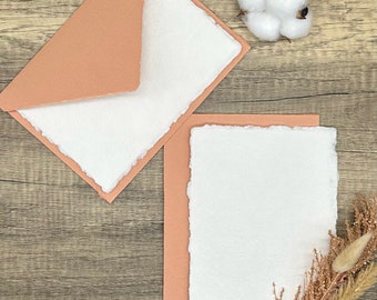 Coral Peach Stationery Set of 10 - Handmade Cotton Paper & Envelopes, Deckled Edge, Calligraphy, Thank You, RSVP, 5x7, A6, Letter Writing