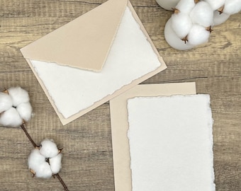 Beige Handmade Cotton Paper Wedding Invitation Set – Deckled Edge, 5x7