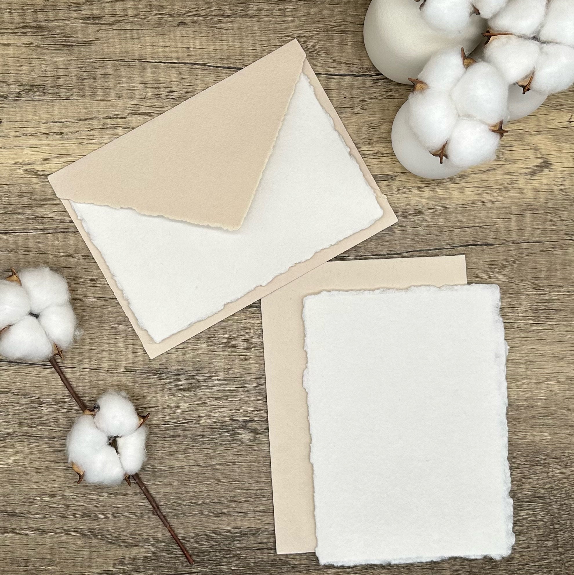 Beige Stationery Set of 10 - Handmade Cotton Paper & Envelopes, Deckled Edge, Calligraphy, Thank You Cards, RSVP, 5x7, A6, Letter Writing