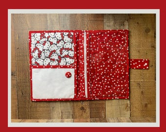 Quilted Project Folder, Thread Bed, Needle Minder, Vinyl Zipper Pocket Cross Stitch 13.5x9.5 hello kitty red hearts