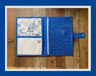 Quilted Project Folder, Thread Bed, Needle Minder, Vinyl Zipper Pocket Cross Stitch 13.5x9.5 ocean sea shells beach nautical