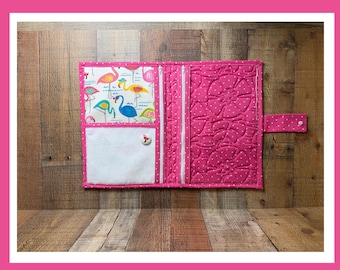 Quilted Project Folder, Thread Bed, Needle Minder, Vinyl Zipper Pocket Cross Stitch 13.5x9.5 Flamingo Pink Summer Beach Sea