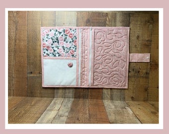Quilted Project Folder, Thread Bed, Needle Minder, Vinyl Zipper Pocket Cross Stitch 13.5x9.5 Roses Flowers Bouquet Pink