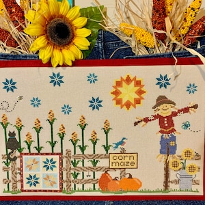 Harvest Corn Maze - Counted Cross Stitch DIGITAL pattern - Pumpkins Corn Scarecrow Quilt Stars Sunflowers Bees Butterflies Quilt