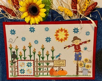 Harvest Corn Maze Cross Stitch Pattern – Pumpkins and Scarecrow (Digital Download)