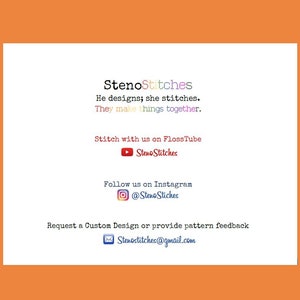 May include: A white card with text in various colours, including "StenoStitches," "He designs; she stitches," and "They make things together." Includes social media handles for FlossTube and Instagram, plus an email address for custom design requests.