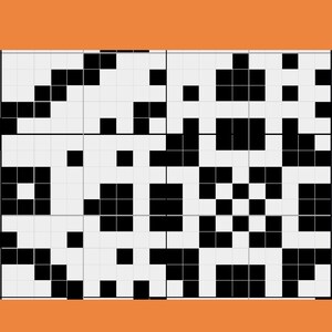 May include: Abstract geometric pattern in black and white, resembling a pixelated design, set against a white grid. The pattern is enclosed within a rectangular frame, with an orange border.
