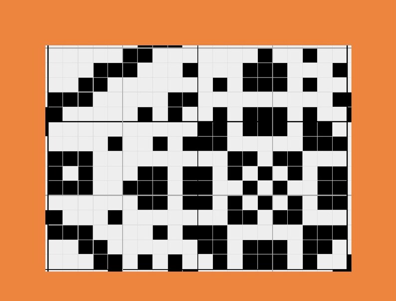May include: Abstract geometric pattern in black and white, resembling a pixelated design, set against a white grid. The pattern is enclosed within a rectangular frame, with an orange border.