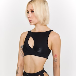 Handgemachtes schwarzes Rave Top | Sexy Pole Dance Kostüm | Exotische Tanzbekleidung | Fitness Zubehör | Sport-Dessous