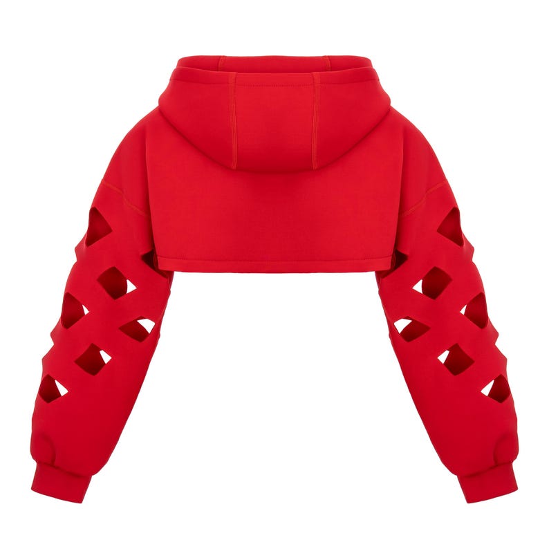 K&ouml;nnte beinhalten: Roter, kurzer Hoodie mit Kapuze und langen &Auml;rmeln. Die &Auml;rmel haben ausgeschnittene Diamantenformen.