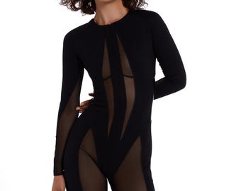 Klassischer schwarzer Bodysuit, Rave Dancewear, Twerk Dance Bodysuit, Pole Dance Kleidung, Handmade Stretching Outfit, Geschenk für Sie