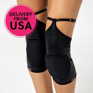 May include: Black knee pads with a dotted pattern and a strap design. The pads have a curved shape to fit the knee and are made of a flexible material. The text "DELIVERY FROM USA" is in a pink circle.