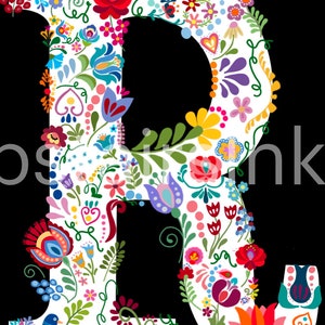Scandinavian Rosemaling Style Monogram Digital Prints - R