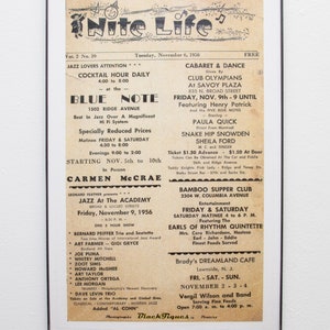 May include: A black and white newspaper clipping from November 6, 1956, advertising jazz and cabaret events in Philadelphia. The headline reads "Nite Life" and features listings for Carmen McRae, Jazz at the Academy, Club Olympians, Bamboo Supper Club, and Brady's Dreamland Cafe.