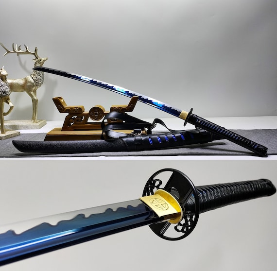 Espada samurái hecha a mano, espada samurái real, espada samurái japonesa,  hoja azul y vaina de cuero, katana tang completa, artesanía -  España