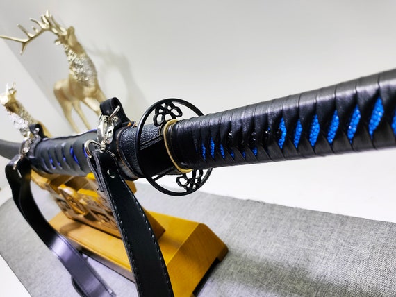 Espada samurái hecha a mano, espada samurái real, espada samurái japonesa,  hoja azul y vaina de cuero, katana tang completa, artesanía -  México