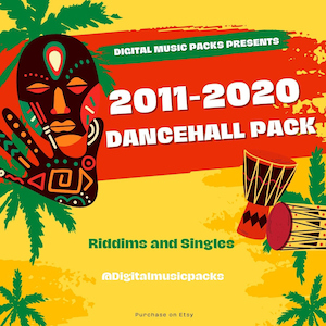 May include: A digital music pack featuring a red, yellow, and green illustration of a mask, a drum, and palm trees. The text "2011-2020 DANCEHALL PACK" is in white on a red background. The text "Riddums and Singles" is in green on a yellow background. The text "@Digitalmusicpacks" is in black on a yellow background. The text "Purchase on Etsy" is in black on a yellow background.