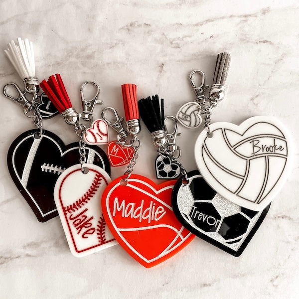 Sports Bag, Backpack, Custom Name Keychain. Volleyball, Football, Soccer, Baseball with initial charm and tassel.