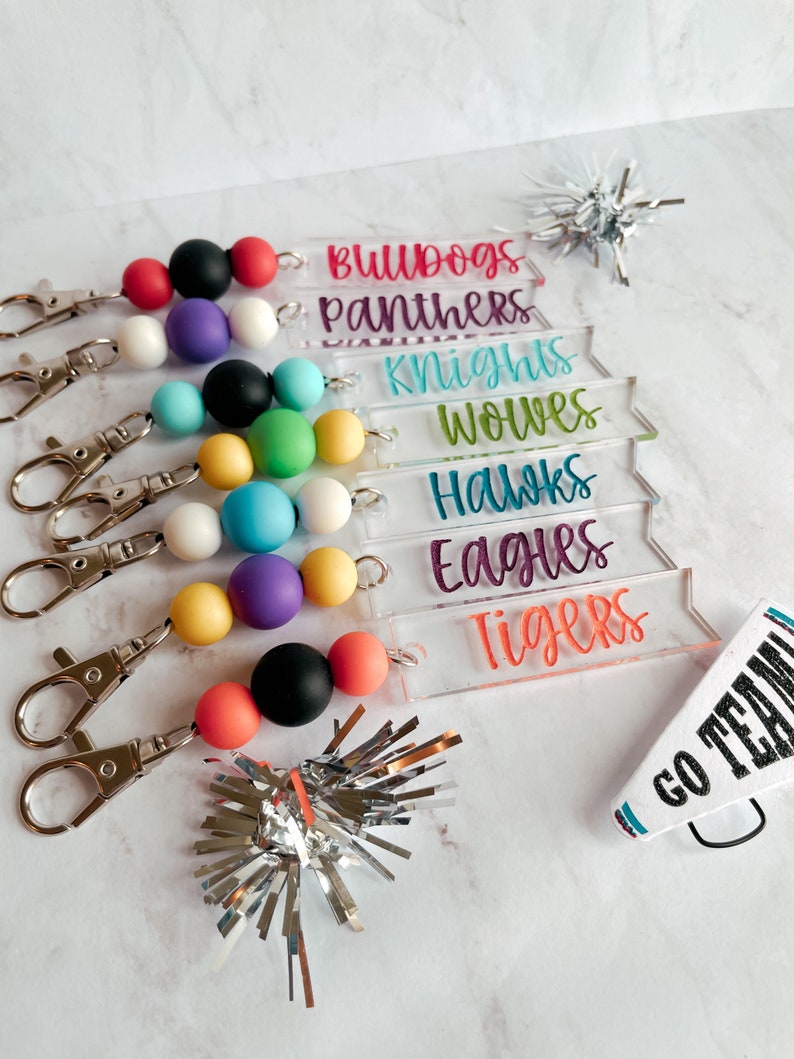 Personalized School Mascot with School Color Silicone Beads Clear Acrylic Banner Keychain 