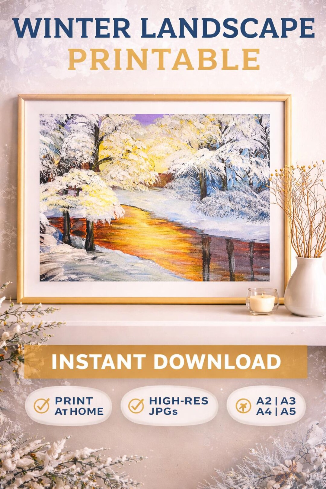 Handmade Winter Landscape Printable Wall Art, Snow Forest Digital ...
