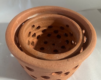 Two NESTING Hand made terra-cotta 5” and 6" Orchid Pot HOLES Rustic but fancy