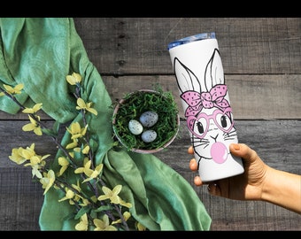Easter Bunny Bubblegum Bunny with Glasses and Bandana Print Tumbler- Easter Gift 20 oz Skinny Tumbler-Rabbit Cup- Double Wall