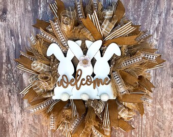 Easter Bunny Wreath Spring Welcome Wreath for Front Door Rustic Farmhouse Rabbit Decor Bunny Trio Natural Burlap Colors Gift