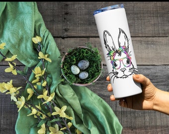 Easter Bunny with Tie Dye Glasses and Bandana Print Tumbler- Easter Gift 20 oz Skinny Tumbler-Rabbit Cup- Double Wall