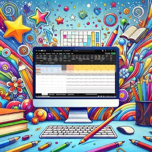 May include: A computer screen displaying a spreadsheet with colorful rows and columns. The computer is surrounded by colorful cartoon drawings of stars, clouds, and pencils.