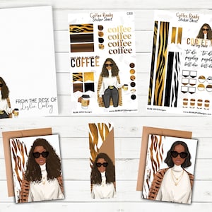 May include: A set of printable stickers featuring a woman with brown hair and sunglasses wearing a brown and black patterned jacket. The stickers include a coffee cup, a coffee mug, and the text "Coffee Ready Sticker Sheet".