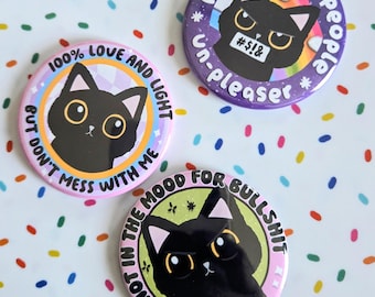 Sassy Black Cat Magnet Set | Three (3) 2.25" Round Magnetic Buttons | Gift | Accessory | Fridge Magnet | Locker Magnet