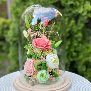 Preserved Flower Arrangement in Glass Dome – Handmade Eternal Roses Flower Decor Gift for Her/Him