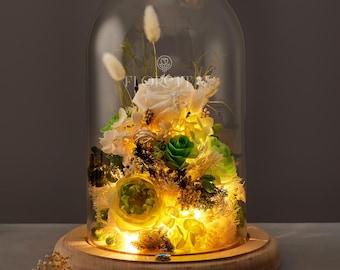 Glass Bell with Roses, Gift for Mom LED with Eternal Flowers and Dried Flowers for Interior