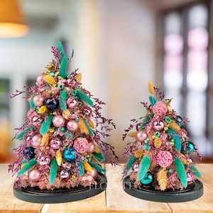 Mini Christmas Tree, Stand Decorative Topiary for Mantle or Shelf, Tabletop Centerpice Winter Home Decor, Pink spruce, Turquoise spruce