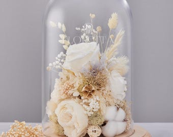 Preserved Flower Arrangement in Glass Dome – Elegant Botanical Home Decor & Gift for Weddings, Anniversaries, and Special Occasions