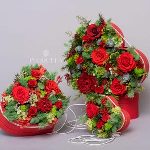 Heart shaped gift box filled with preserved roses eucalyptus lavender preserved flowers red, pink, purple, great gift for girlfriend