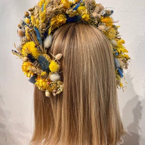 Wedding Dried Flower Wreath, Elegant Hair Wreath, Yellow Blue Flower Headpiece, Flower Headband, Meadow Hair Wreath, Flower Girl