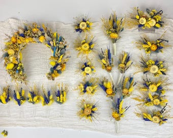 Rustic dried flower bridal accessories in blue and yellow – boho wedding bouquet, flower crown, comb, boutonnieres & heart ring box