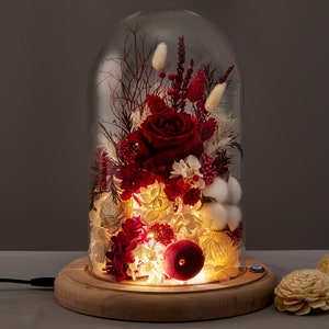 Cúpula de flores preservadas - Flores secas reais em vidro - Presente Forever Roses - Decoração romântica com luz LED - Presente de aniversário, aniversário para ela