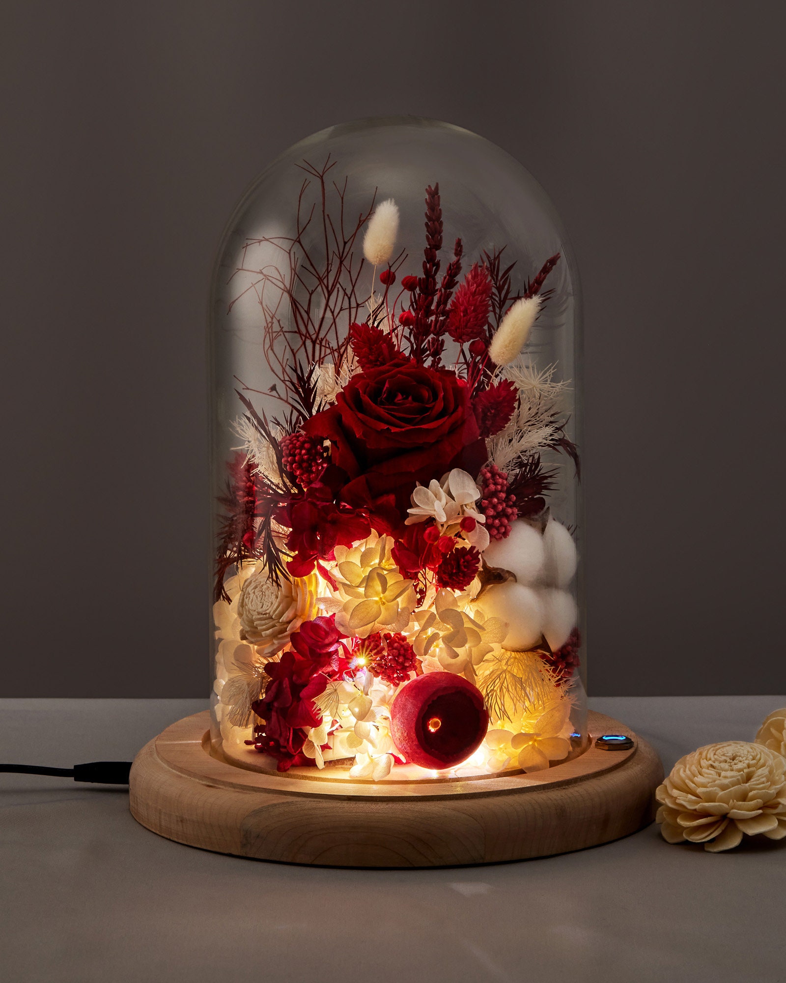 Preserved Flower Dome - Real Dried Flowers in Glass - Forever Roses Gift - LED Light Romantic Decor - Birthday, Anniversary Gift for Her