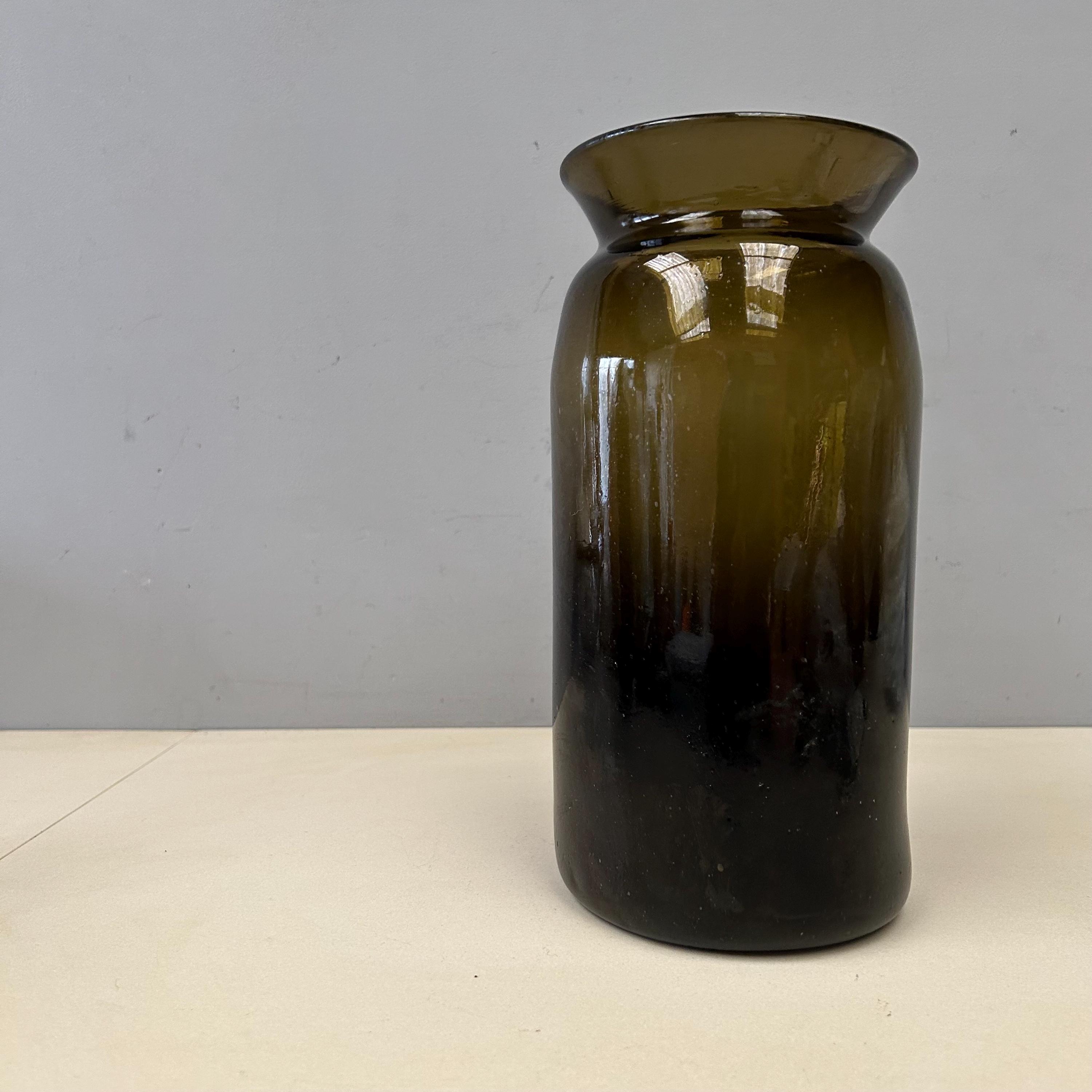 11" 28cm Large Antique French Blown Glass Truffle Jar Bottle Dark Olive Green Vase Ref 11A