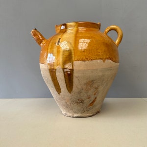 30cm Vintage French half ochre yellow glazed chevrette gargoulette cruche jug rustic hand made terracotta confit pot