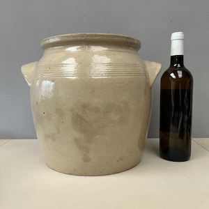 28 cm STOR vintage fransk stengods Extra stor confiterad gryta med handtag i vackra beige grå naturliga toner - Damage