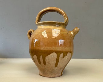 Vintage French half light ochre yellow glazed chevrette gargoulette cruche jug rustic hand made terracotta confit pot
