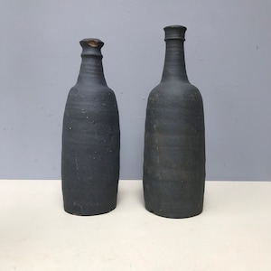 Pair of French black primitive pottery stoneware bottles wabi sabi style antique perfect for lamp bases