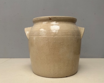 8” Extra Large vintage French stoneware confit pot with handles beautiful beige grey gray natural tones utensil