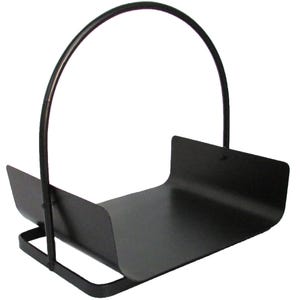 May include: Black metal log holder with a curved handle. The holder is designed to carry and store logs for a fireplace.