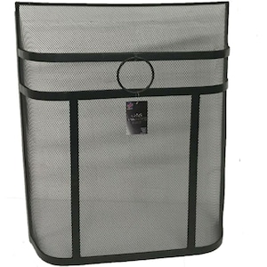 May include: Black metal fireplace screen with a curved bottom and a ring handle at the top. The screen has a mesh design and is approximately 30 inches tall.