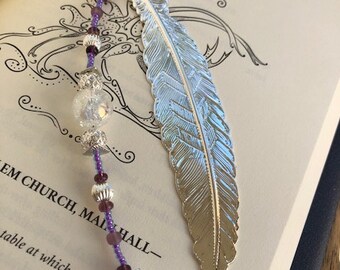 Purple Glass Beaded Bookmark - Teacher Gifts - Feather Bookmark